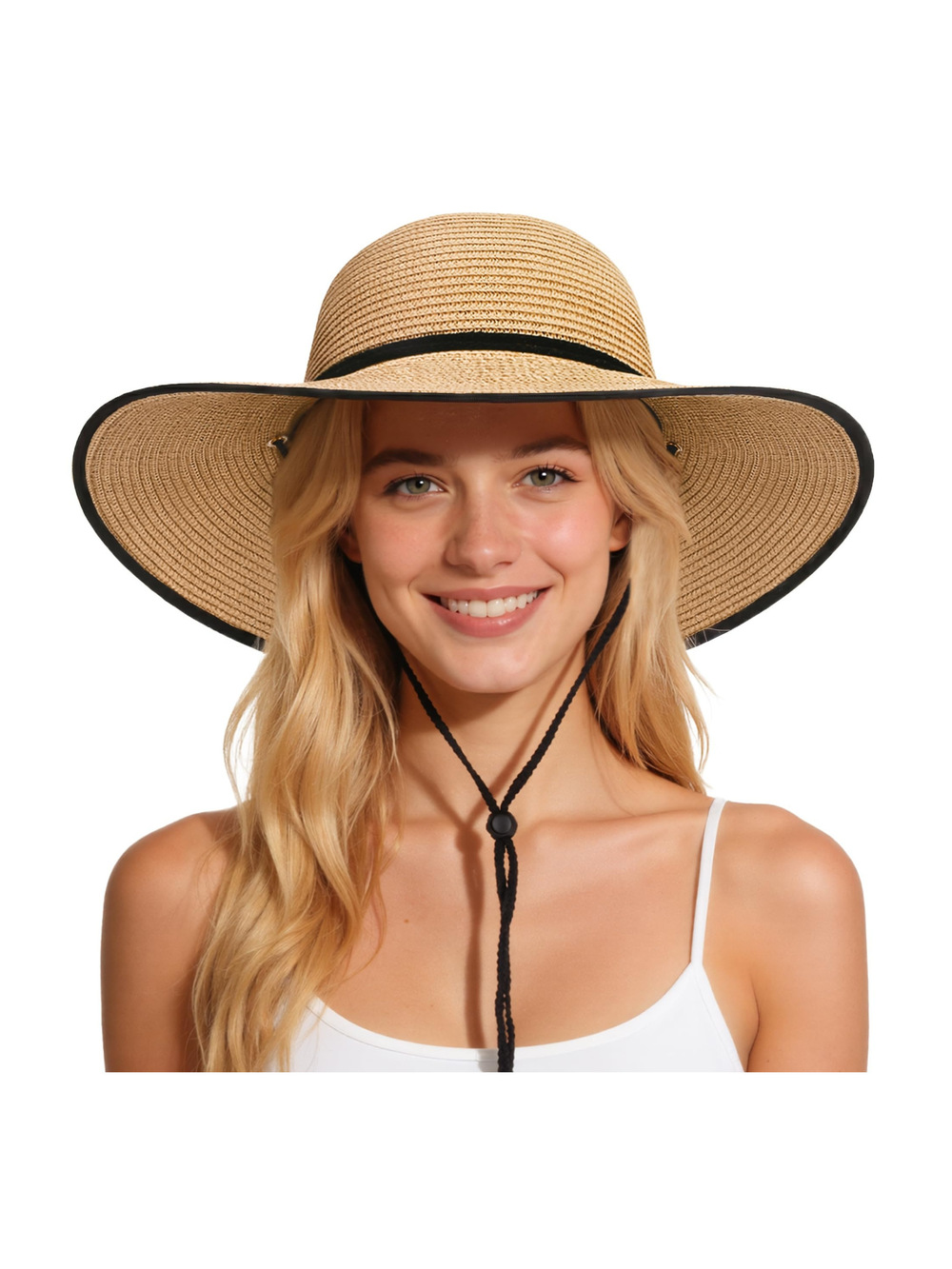 Sun Hats for Women, Summer Wide Brim Straw Beach Hat | Khaki Black | Size L